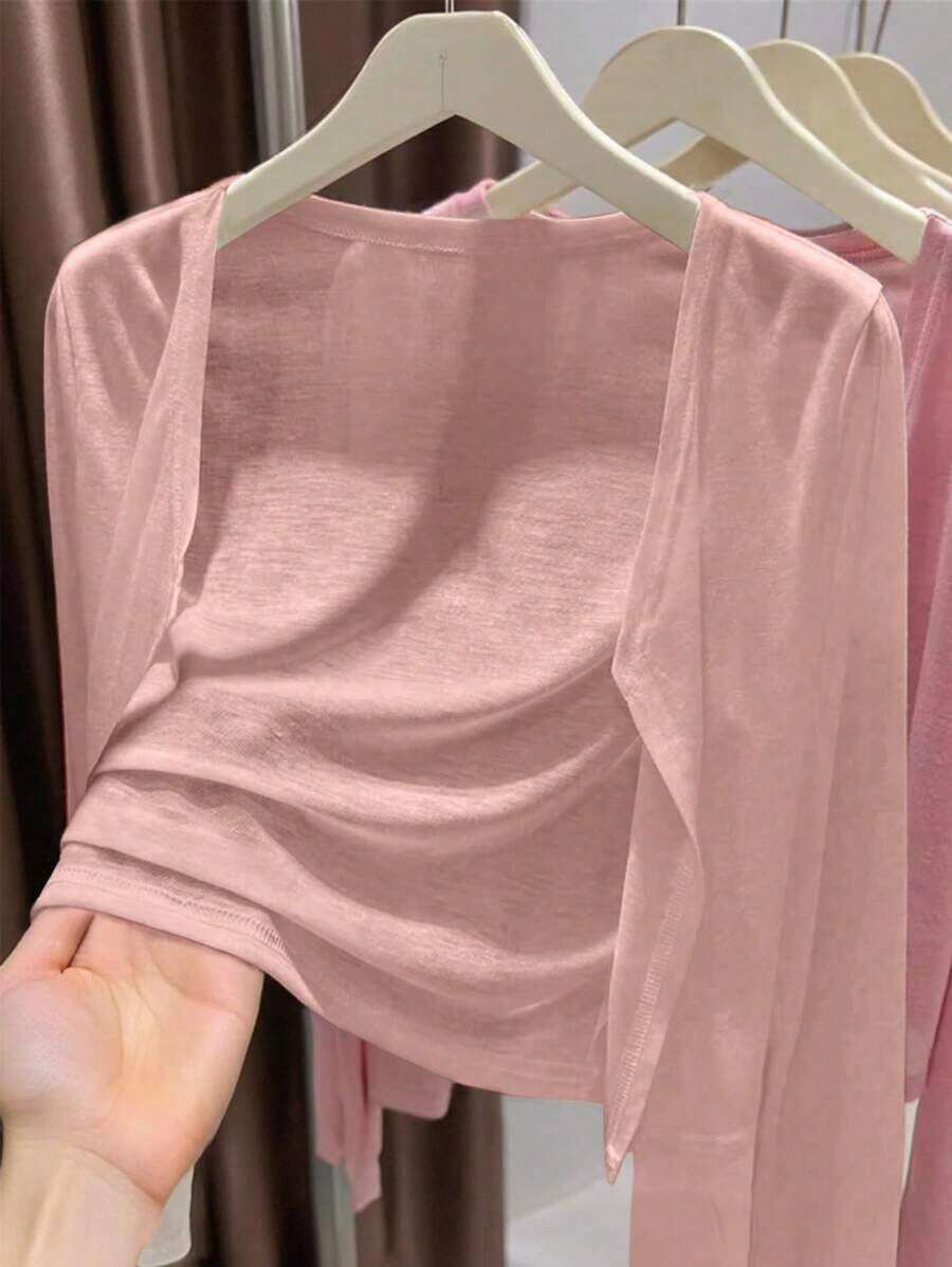 Cárdigan casual de mujer de unicolor y peso ligero, para primavera/verano - Rosa - Ver 1