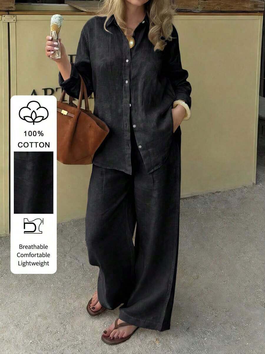 Conjunto de 2 piezas para mujer de PoPoHouse - Camisa de manga larga con cuello y pantalón ancho de pierna suelta de algodón de unicolor, elegante y casual, adecuado para el viaje casual, el Día de San Valentín, primavera/verano, ropa casual para mujer, conjunto blanco para mujer - Negro - Ver 1