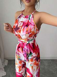Women's Printed Jumpsuit With A Fitted Waist, Elegant For Holidays And Everyday Wear With A Halter Neck - 灰色 - 查看 3
