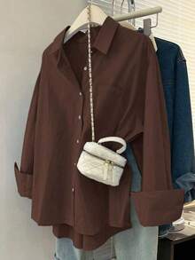 Camisa casual de manga larga de un solo pecho y holgada de unicolor para mujer, otoño - Café integral - Ver 6