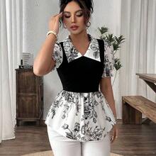 Women's Spring/Summer Exquisite Elegant Colorblock Patchwork Square Neck Ruched Waist Printed Short Sleeve Top, Suitable For Casual Daily Life, Travel, Beach, Music Festivals, Commuting - Multicolor - Ver 4