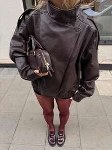 Chaqueta de cuero de textura de lichí versátil y minimalista de estilo europeo y americano para mujer, de alta gama, para el otoño/invierno - Marrón - Ver 11