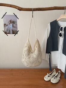 Bolso de mano grande con capacidad de carga, de estilo tejido y calado con inspiración natural, versátil para playa, vacaciones de verano y uso casual - Oro rosa - Ver 5