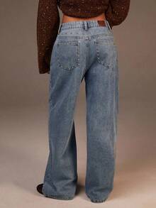 Jeans casuales rectos y sueltos con decoración de cuentas para mujer - Azul - Ver 2