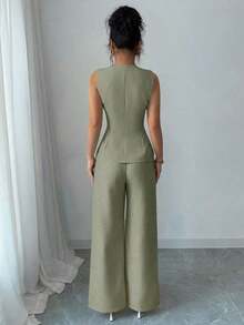 Traje casual/de trabajo elegante de mujer con decoración de botones florales - Verde - Ver 2