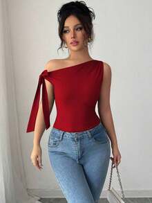 Camiseta de mujer de unicolor elegante con hombros oblicuos y nudo, para verano - Rojo - Ver 8