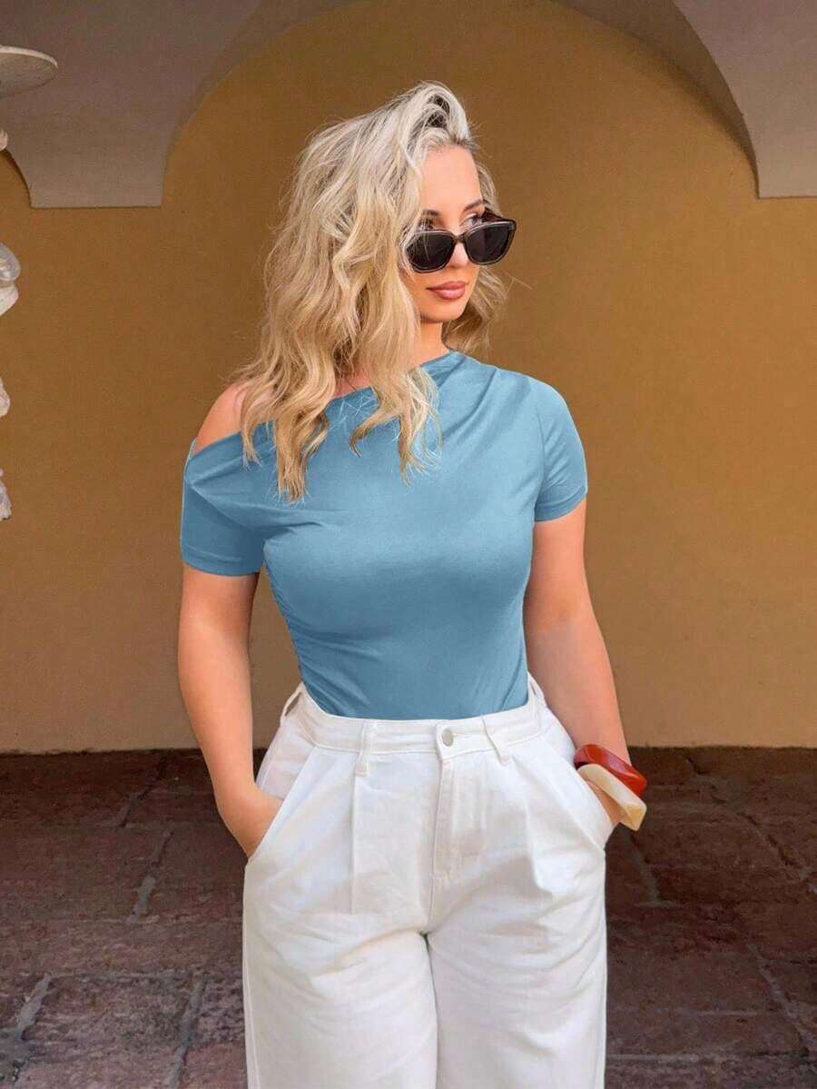 Camiseta Casual Para Mujer De Cuello Asimétrico Y Plisado De Color Sólido - Azul - Ver 1