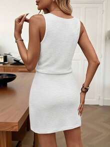 LUNE Vestido mini casual sin mangas con cintura anudada a rayas para mujer, nuevo vestido de llegada para mujer, vestidos casuales de verano para mujer, nuevo vestido de llegada para mujer casual, vestidos casuales de verano para mujer, atuendo para mujer, atuendos de playa, atuendos para salir, atuendos de vacaciones, atuendos de verano para mujer, atuendo para concierto de campo - Blanco - Ver 2