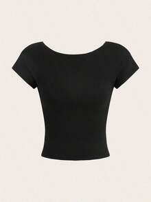 4 piezas Camisetas de mujer de unicolor casual, de cuello redondo, ajustadas y con espalda calada, adecuadas para el verano - Multicolor 3 - Ver 9