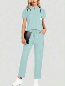 Conjunto de uniforme azul marino para mujer, hecho de tela de alta calidad y transpirable, adecuado para deportes, enfermería y trabajo, con bolsillos, perneras acampanadas, conjunto de uniforme de moda, adecuado para clínicas dentales, conjunto de unifor - verde menta - Ver 3
