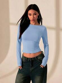 Camiseta de mujer con espalda al descubierto y costuras de encaje.Vestimenta sexy adecuada para citas en verano. - Niebla azul - Ver 3