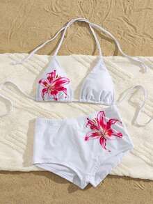 Traje de baño con estampado floral de moda: Top de bikini tipo camiseta con estampado de loto negro + Bottom de traje de baño de talle alto - Conjunto de traje de baño elegante y cómodo para vacaciones de verano, playa y uso en resort en color rojo - Blanco - Ver 4