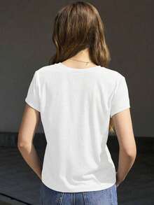 Camiseta de manga corta casual de verano para mujer con estampado de lazo - Blanco - Ver 2