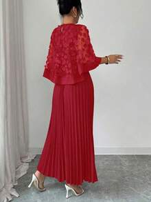 Vestido con decoración floral elegante y bajo plisado, adecuado para bodas, fiestas de cumpleaños y otras ocasiones, otoño - Rojo 2 - Ver 2