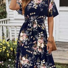 Women's Floral Print Ruffle Sleeve Waist Dress - Azul - Ver 8