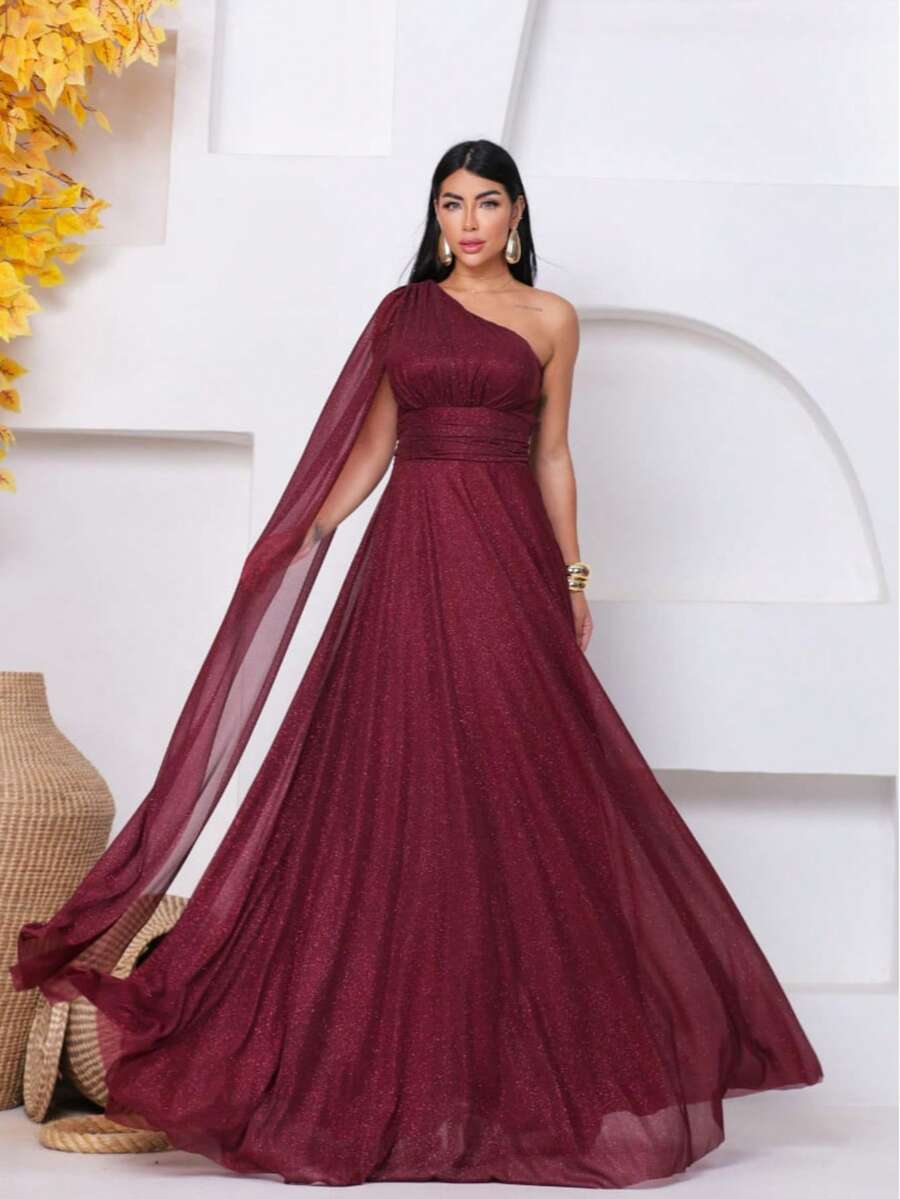 Long, Sparkly, One-Shoulder Party Dress With An Elegant Cape, Perfect For Bridesmaids, Weddings, And Graduations. - Gỗ đỏ - Xem 1
