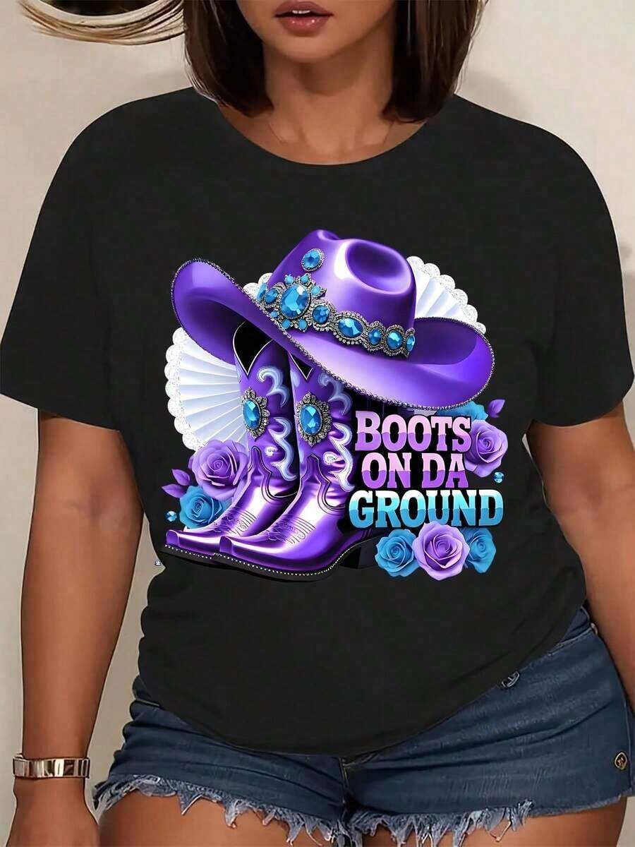 Women's "Boots On The Ground" Western Graphic T-Shirt, Retro Western Cowgirl Graphic Tee For Summer, Cowgirl Themed Clothing, Casual Style - 黑色 - 查看 1