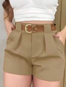Pantalones cortos casuales sueltos con bolsillos y pliegues de unicolor para mujer - Caqui - Ver 6