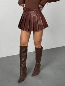PETITE Falda de cuero plisada con hebilla de diseño de color marrón chocolate sólido para mujer, falda plisada de cuero, falda de patinadora, otoño para mujer, invierno para mujer, Halloween, casual de negocios, estilo de dinero antiguo - Marrón Chocolate - Ver 4
