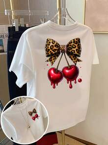 Camiseta Blanca de Mujer con Estampado de Leopardo de Doble Cara y Lazo de Cereza con Detalles de Cereza Roja - Blusa Casual de Manga Corta con Cuello Redondo, Diseño de Lazo en Tono Dorado, Top para Primavera, Verano y Otoño, Lavable a Máquina (No Lavar en Seco) - Camiseta con Estampado de Leopardo Estilo Y2k - Negro - Ver 10