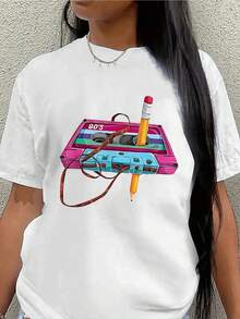 Polyester Short-Sleeved T-Shirt With Retro Cassette Tape And Pencil Design, Lightweight And Durable For Casual Wear At Home, Office Or Cafe, Comfortable Fit For Everyday Wear - 白色 - View 1