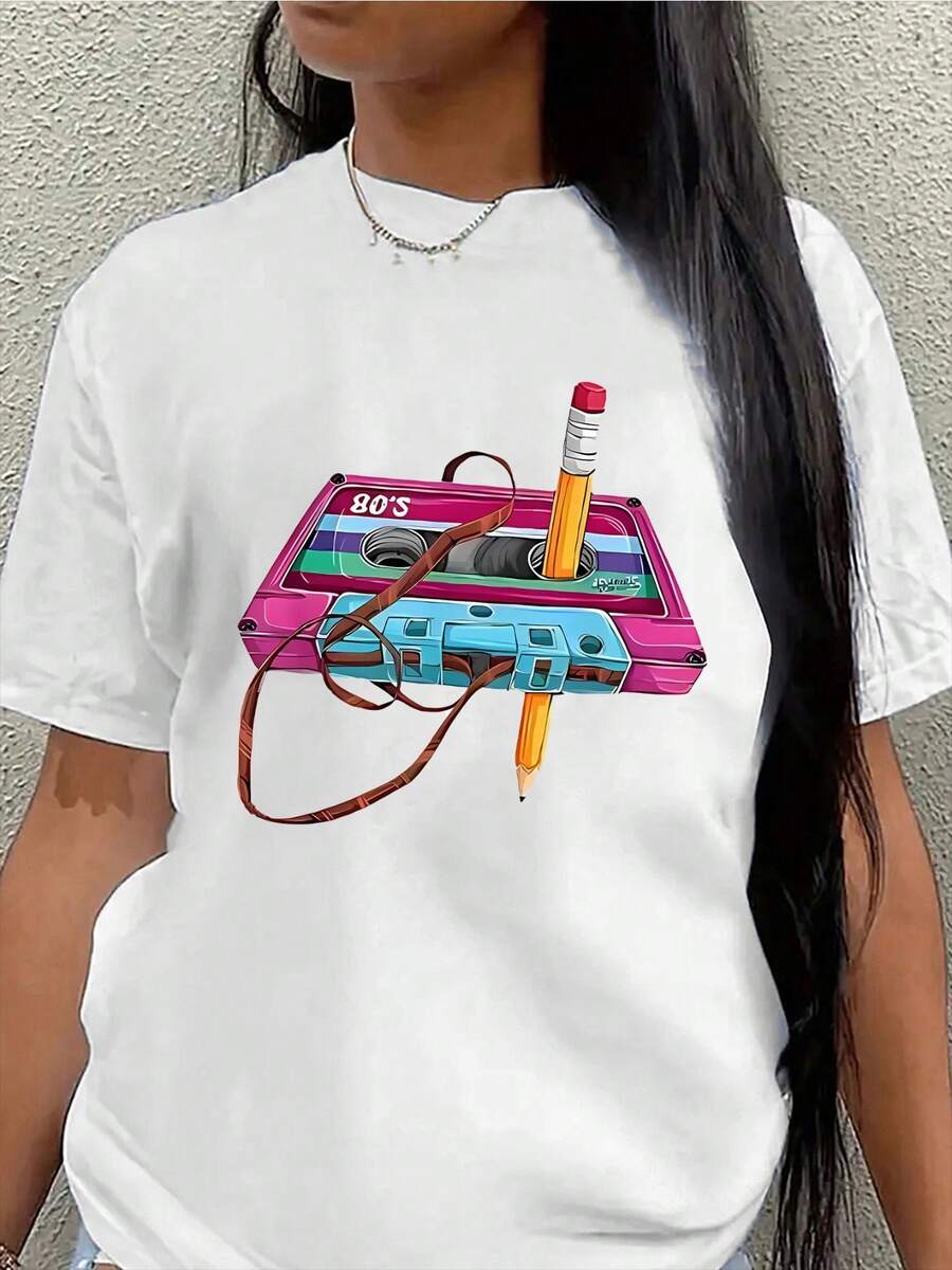 Polyester Short-Sleeved T-Shirt With Retro Cassette Tape And Pencil Design, Lightweight And Durable For Casual Wear At Home, Office Or Cafe, Comfortable Fit For Everyday Wear - 白色 - View 1