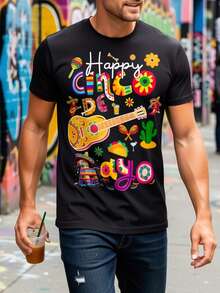 Mexican Fiesta T-Shirt For Men And Women - Retro Print Of Sombrero, Maracas, Cactus And Piñatas, Vibrant, Suitable For Cinco De Mayo Party Outfits, Casual Short Sleeve Crew Neck T-Shirt, Machine Washable Mexican Themed Clothing, Short Sleeve T-Shirt. - 黑色 - 查看 2