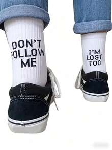 1/5 Pares de Meias Engraçadas de Cano Médio DON'T FOLLOW ME Meias Personalizadas Preto & Branco Cor Sólida Estilo Versátil de Casal Meias Engraçadas de Cano Médio Estilo Streetwear - Multicolorido - Visão 9
