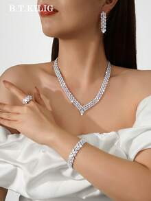 3pcs/5pcs Luxury Cubic Zirconia V-Shaped Jewelry Set Necklace Ring Earrings Bracelet, Suitable For Women Wedding Party Birthday Holiday Gathering - 160949445 - View 5