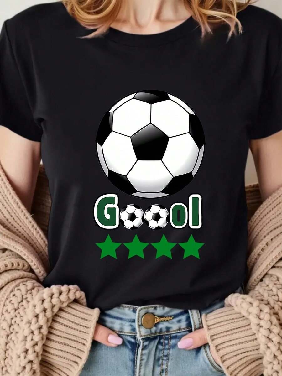 Camiseta casual de cuello redondo estampada de talla grande para mujer, camiseta de manga corta con estampado de fútbol para mujer - Atuendo para fanáticas del fútbol, top deportivo casual adecuado para entrenamientos de fútbol, partidos y uso diario, top de manga corta estampado de talla grande para mujer adecuado para el Día de la Madre, uso diario y entusiastas del fútbol. - Negro - Ver 1