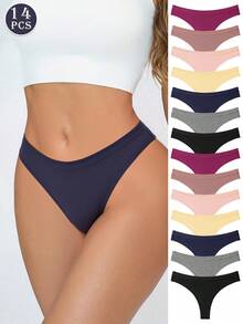14 Pieces Of Women's Underwear Low Waisted Cotton Thong - Soft And Breathable V-Shaped Pants, Solid Color Simple Women's Underwear, Tangas Para Mujer, 14 Solid Color XS-XL Sizes To Choose From, Ropa Interior Mujer,Ribbed Elastic Comfortable Non Transparent Casual Wear, Daily Essential, Fashionable Style, Soft And Breathable, Modern Women's - 彩色 - 查看 1
