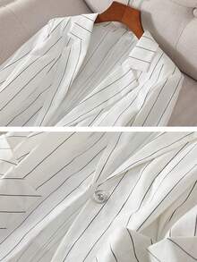 Plus Size Women's Spring/Summer Striped Print Single-Breasted 7/8 Sleeve Office Casual Blazer White - White - View 4