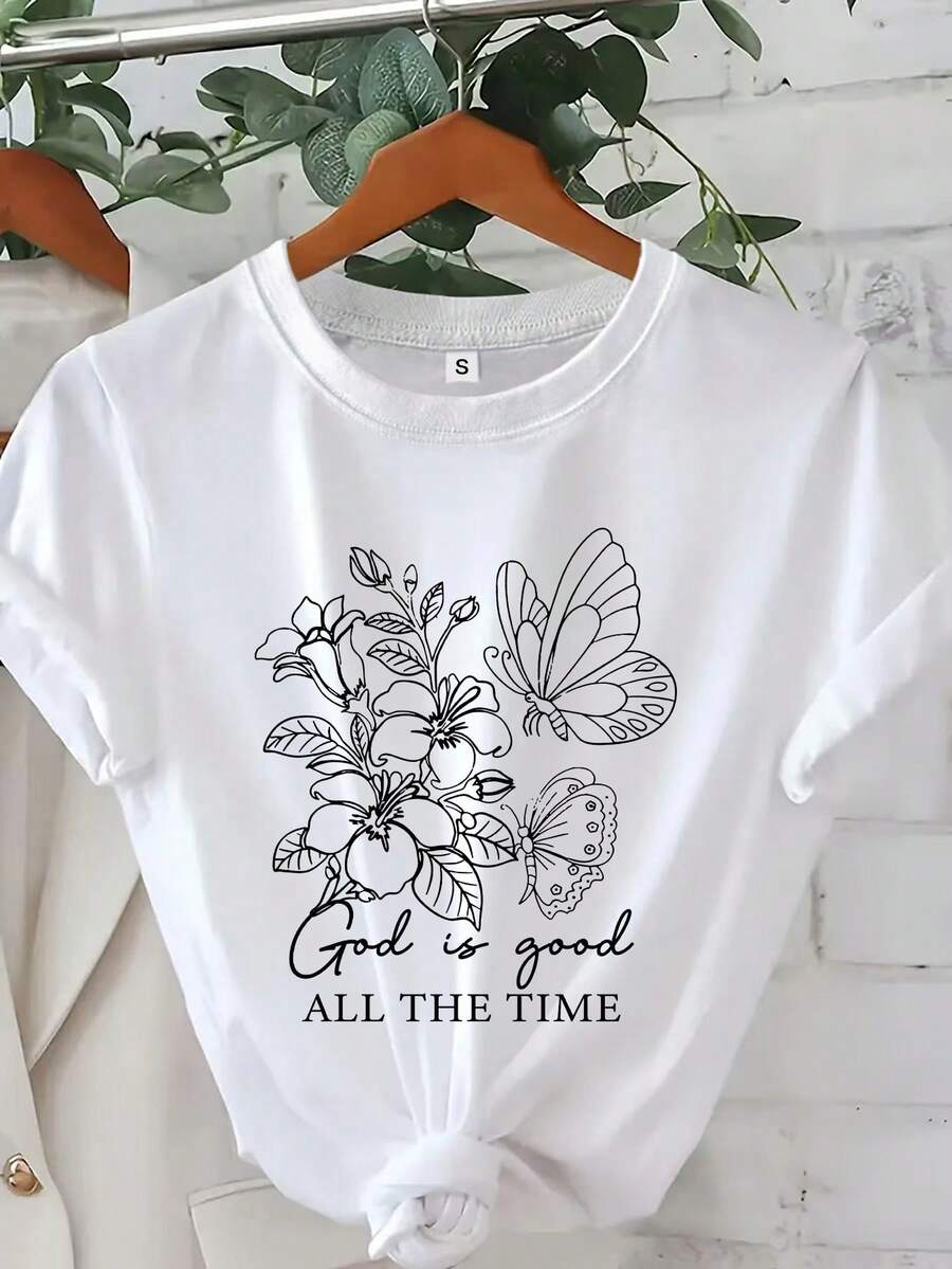 Camiseta manga corta cuello redondo 100% algodón, estampado trendy, tejido ligero y ventilado, estilo moda casual, apta para vida diaria, salidas informales y citas en primavera, verano y otoño - Blanco - Ver 1