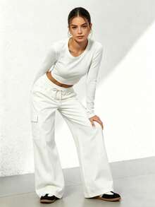 Pantalones rectos negros holgados y casuales de vacaciones para otoño e invierno - Blanco - Ver 3
