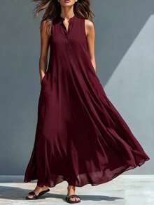 New Summer Vest Dress For Women, Casual And Fashionable Style, Lightweight Fabric, Flattering Straight Cut, Perfect For Daytime Looks, Outings And Summer Transition Looks - 酒紅色 - 查看 6