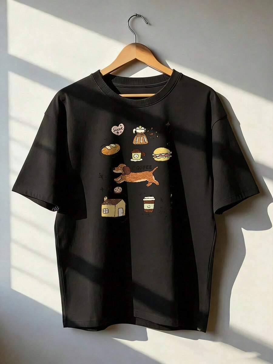 Cute And Relaxed Print Short-Sleeve T-Shirt, Fashionable Short-Sleeve T-Shirt For Spring And Summer 2026, Made In Mexico, 180 Grams. Cartoon Print, Couple Design, Suitable For Indoor Or Outdoor Wear. Crew Neck, Unisex, Ideal For Office And Leisure. One-Piece Pack. - BK-P631577SLNDXZGY444 - 查看 1