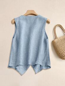 Women's Casual Linen Vest Jacket, Short Style For Spring & Summer Holiday - Dusty Blue - View 2