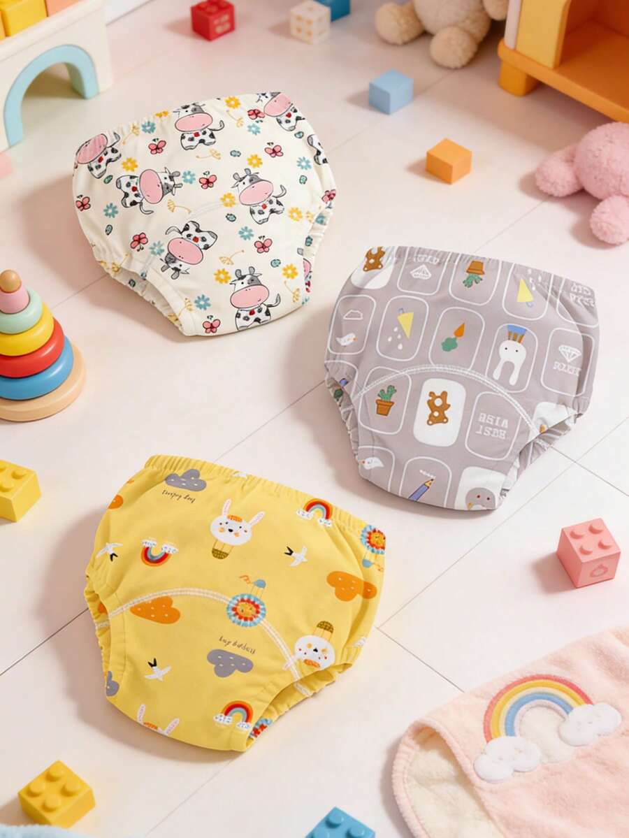 3pcs Soft Baby Potty Training Pants, Help Baby Easily Potty Train, Cartoon Cute Pattern, Unisex, Leak-Proof & Washable Durable Design - Multicolor - View 1