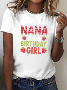Camiseta premium con estampado NANA para chicas de cumpleaños, de manga corta y cuello redondo, estilo casual, adecuada para verano y primavera, ropa esencial para mujer. - Blanco - Ver 1