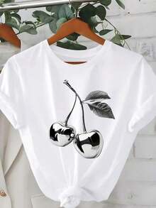 Casual Short-Sleeve Crew Neck Top With Cherry Print, Plus Size, Everyday Wear, For Summer - Vintage Street Style Unisex Cotton Short Sleeve Crew Neck T-Shirt - 白色 2 - 查看 6