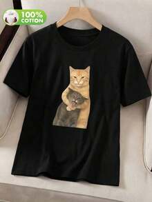 Camiseta de manga corta con estampado divertido de gato 100% algodón, diseño único de lote pequeño, camiseta casual para mujer, tela suave, cómoda camiseta de cuello redondo, camiseta negra retro, ropa de mujer, para usar en primavera/verano-Vintage Street Style Unisexoose Cotton Short Sleeve Crew Neck T-Shirt - Negro 3 - Ver 4
