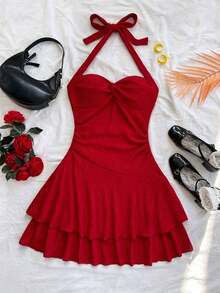 AVestido mini sexy con espalda descubierta, corbata en el cuello, dobladillo fruncido y doble capa, adecuado para fiestas, citas, San Valentín - Rojo - Ver 5