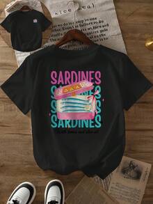 Plus Size, Plus Size T-Shirt With Fresh Design, Sardine, Lemon And Olive Oil Pattern, Short Sleeves, Round Neck, Casual Shirt, Spring And Summer Style, Plus Size Women's Clothing.Summer Tops - Black - View 6