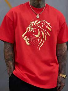 Plus-Size Men's Cotton Tee With Striking Lion Print. 100% Breathable Cotton, Loose Oversized Fit, Comfy Short Sleeve Graphic Shirt For Spring, - 紅色 - 查看 16