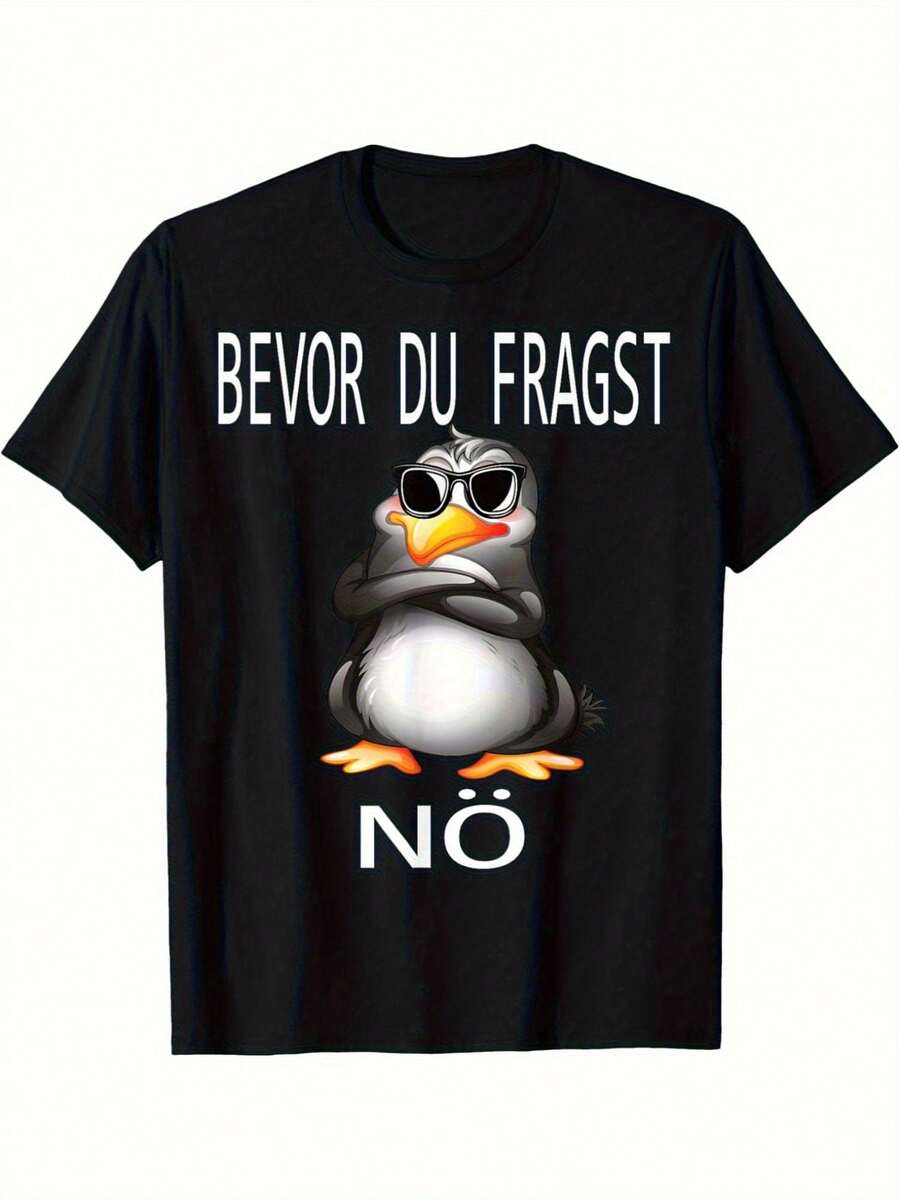 Funny T-Shirt With German Penguin Text - "BEVOR DU FRAGST NO" Funny Phrase With Cartoon Penguin And Fashionable Glasses - Standard Crew Neck For Men And Women - Machine Washable, Black - Casual Wear For All Seasons - Fun Design, Opaque And Durable Material - 黑色 - 查看 1