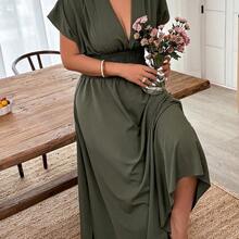 Clasi Plus Size Women Deep V-Neck Solid Short Sleeve Ruched Waist Sexy Vacation Dress - Morado - Ver 6