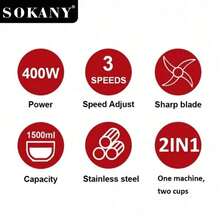 SOKANY 03012 Multi-Function Blender Food Processor Fruit & Vegetable Mixer 3-In-1, 3-Speed Control, 1.5L Large Capacity, Stainless Steel Blades, Includes Grinding Cup, All-In-One Kitchen Helper - Silver - View 5