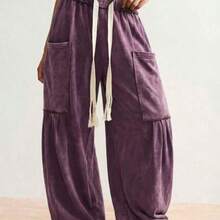 BohoFeels Plus Size Drawstring Waist Loose Pocket Wide Leg Pants - Morado - Ver 1
