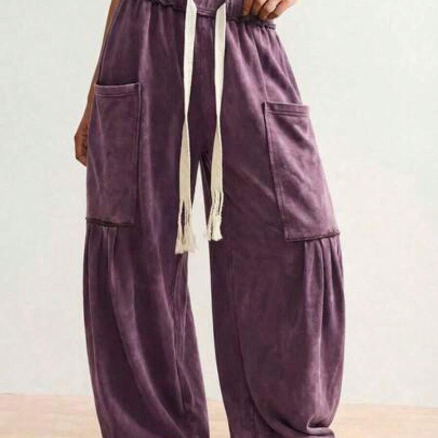 BohoFeels Plus Size Drawstring Waist Loose Pocket Wide Leg Pants - Morado - Ver 1