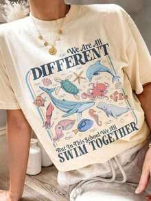 Camiseta "Todos Nadamos Juntos", Camiseta para Maestros de Regreso a Clases, Camiseta con Estampado de Animales Marinos, Camiseta con Estampado de Tortuga Submarina, Camiseta de Algodón 100% de Manga Corta, Estilo Clásico y Grueso, Camiseta con Estampado Gráfico, Top Casual de Manga Corta para Mujer - Tops de Primavera - Ropa de Verano para Mujer - Tops de Algodón para Mujer - Camiseta Vintage de Estilo Urbano Unisex de Manga Corta y Cuello Redondo de Algodón Suelto, blusas para mujer. blusas.blusas casuales para dama. - Blanco - Ver 6